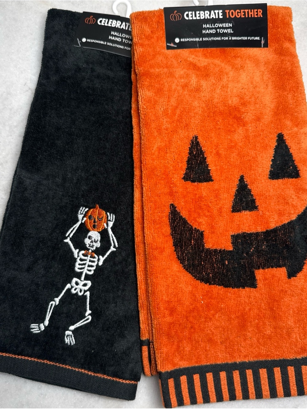 (2) Celebrate Halloween Together Jack-o-Lantern Skeleton Bath Hand Towel Set